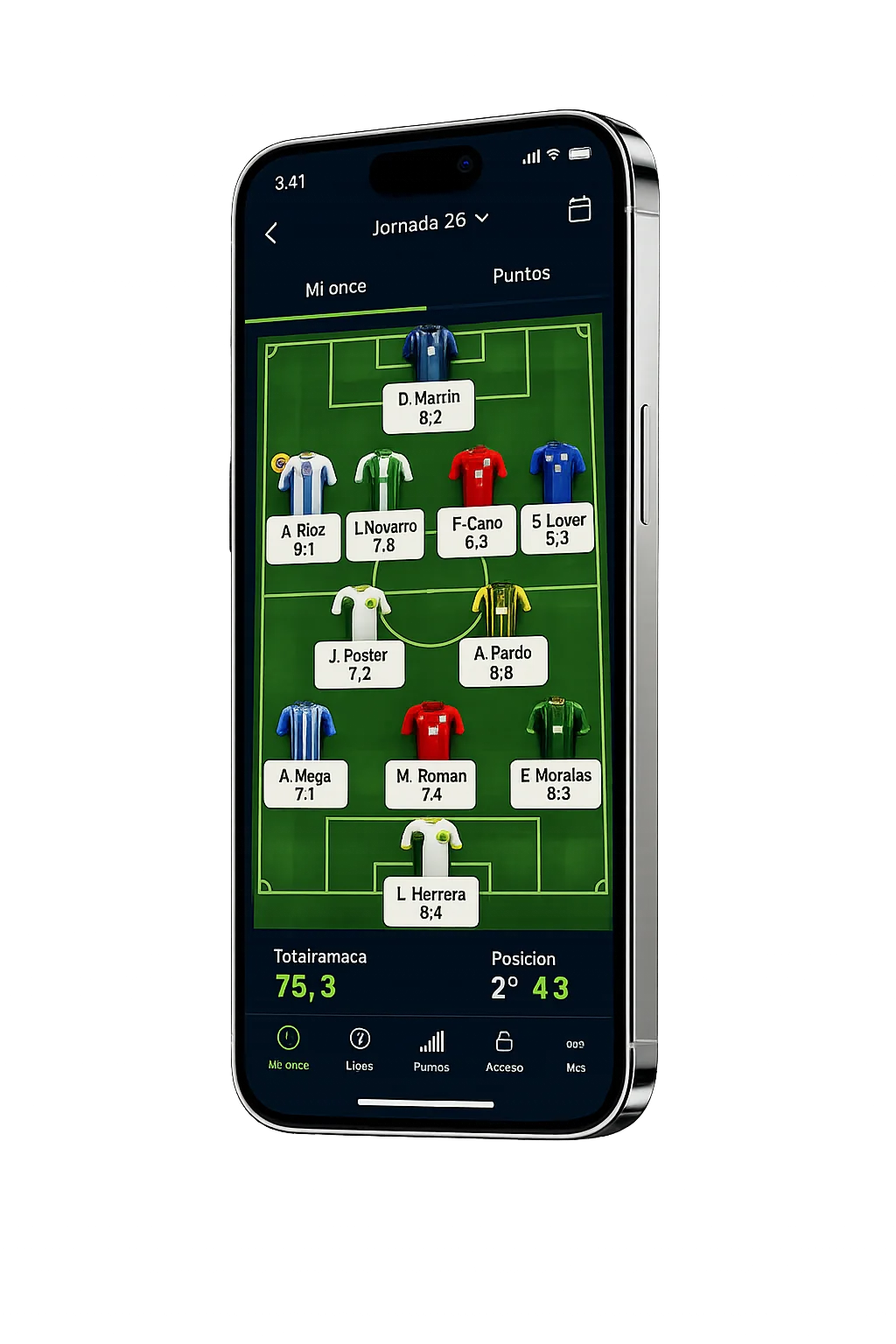 Vista móvil de Cantera Fantasy con once fantasy y puntos de fútbol base
